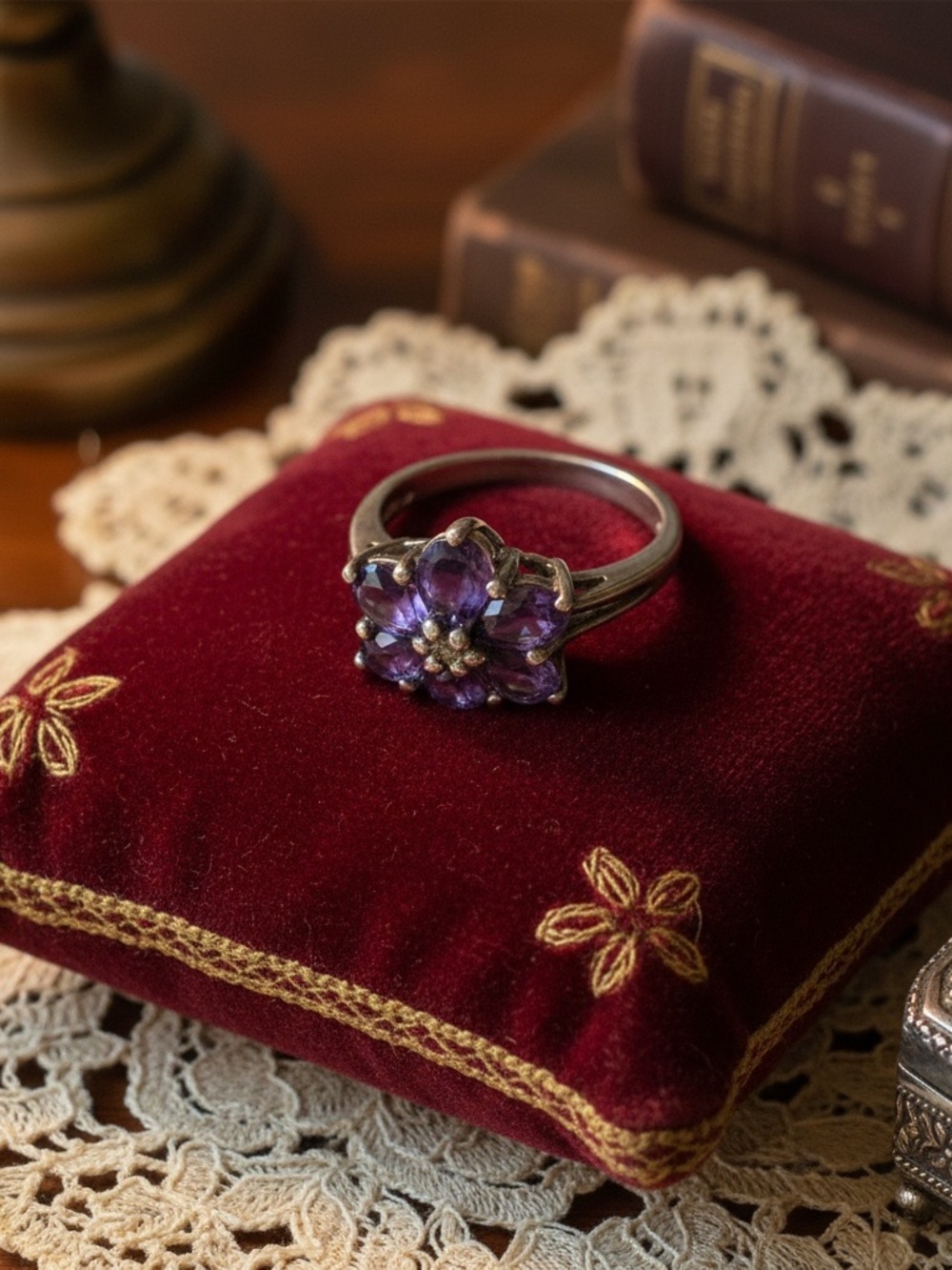 Sterling Silver Floral Amethyst Ring - Purple - Picture 5 of 6